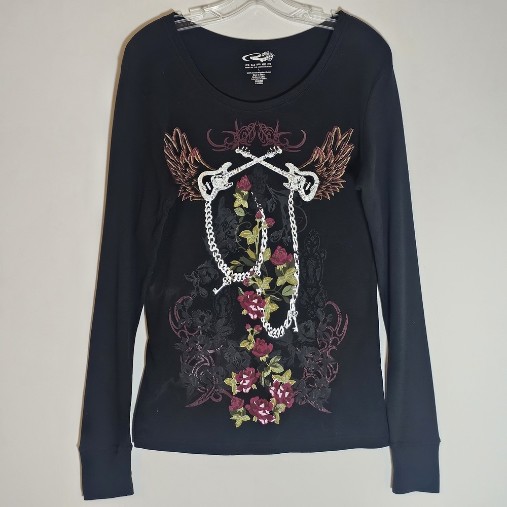 Roper Pullover Top Women Large Black Punk Guitar Wings Western Grunge Rhinestone